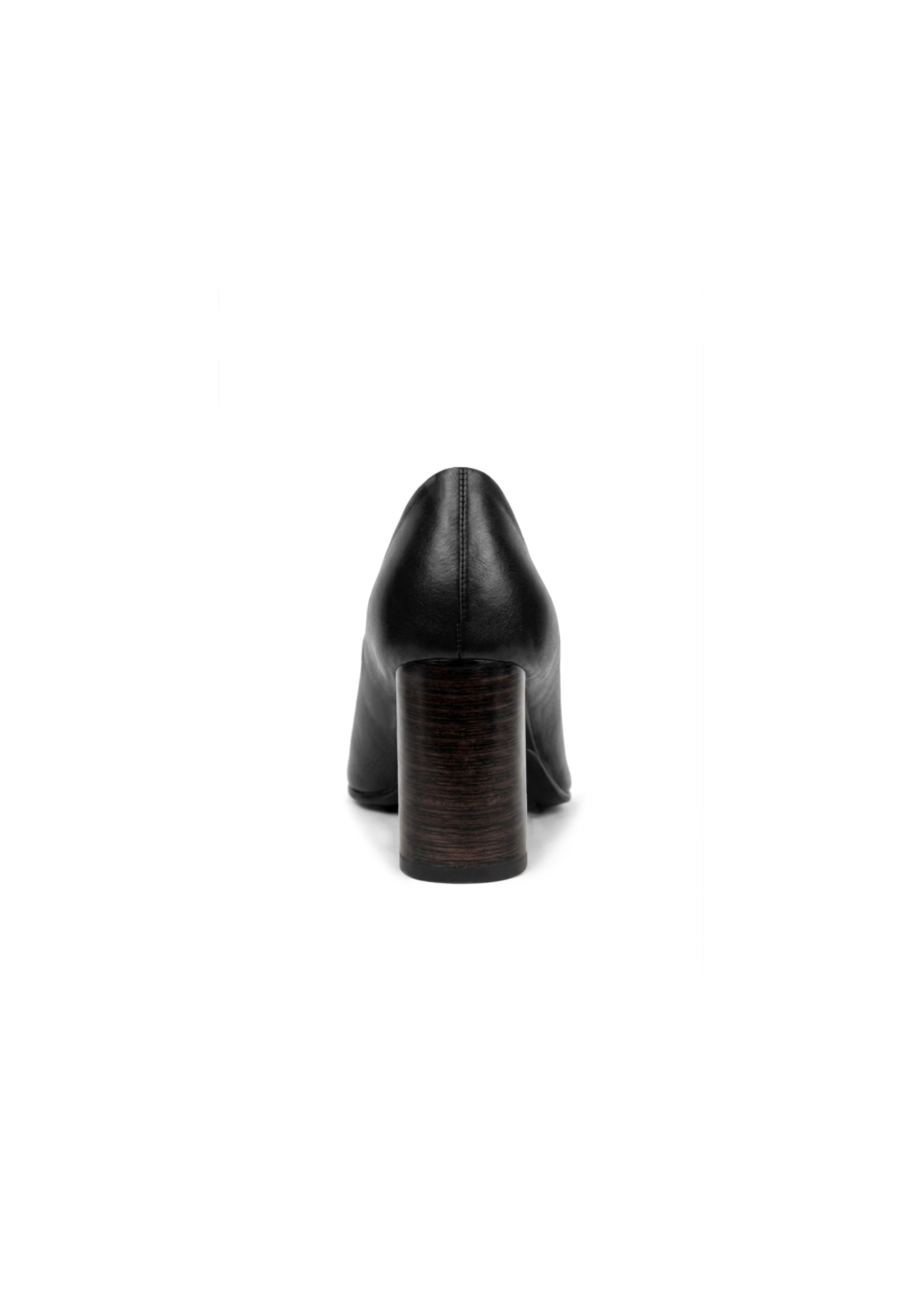 The Signature Heel in black leather, rear view of the stacked heel