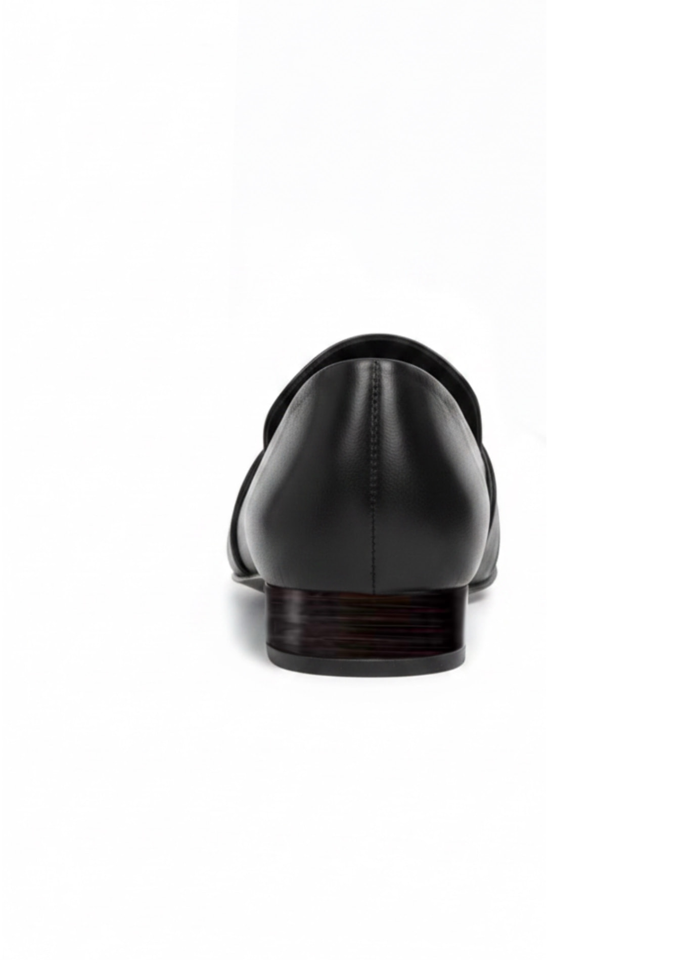 The Pointed Loafer in black leather, rear view of the stacked heel