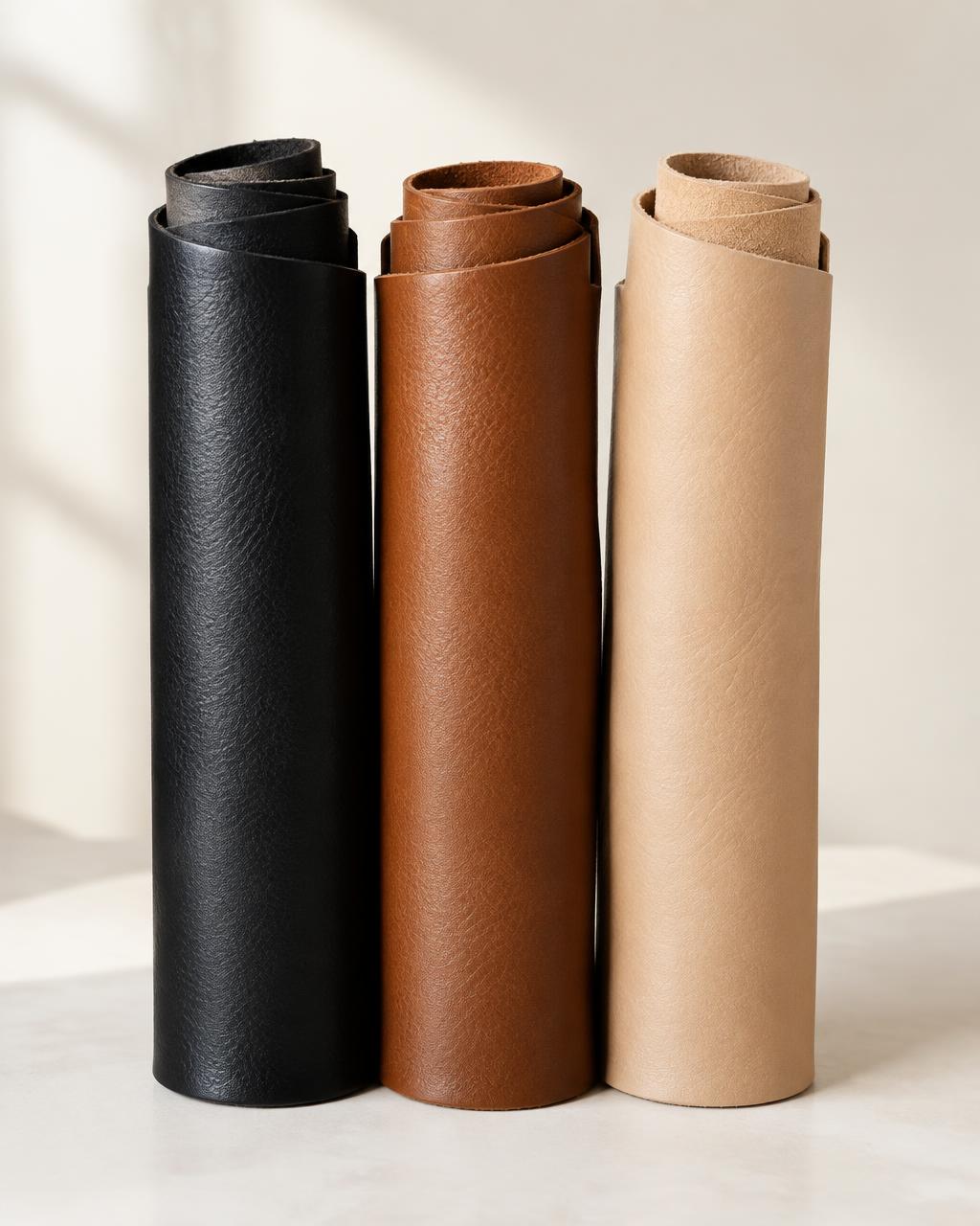 Rolls of premium calfskin leather in black, cognac, and nude