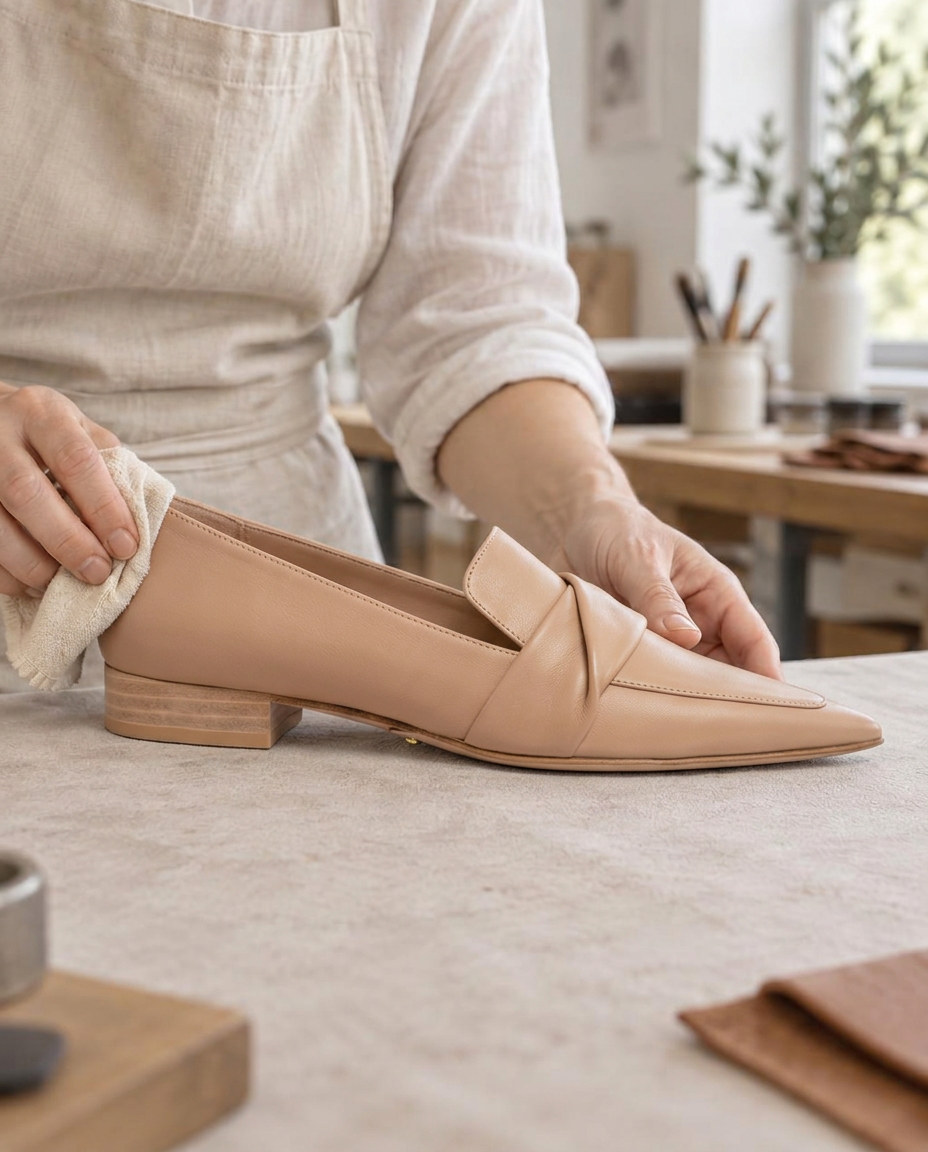 A craftsperson hand-finishing a nude leather pointed loafer with a twisted band in a bright workshop