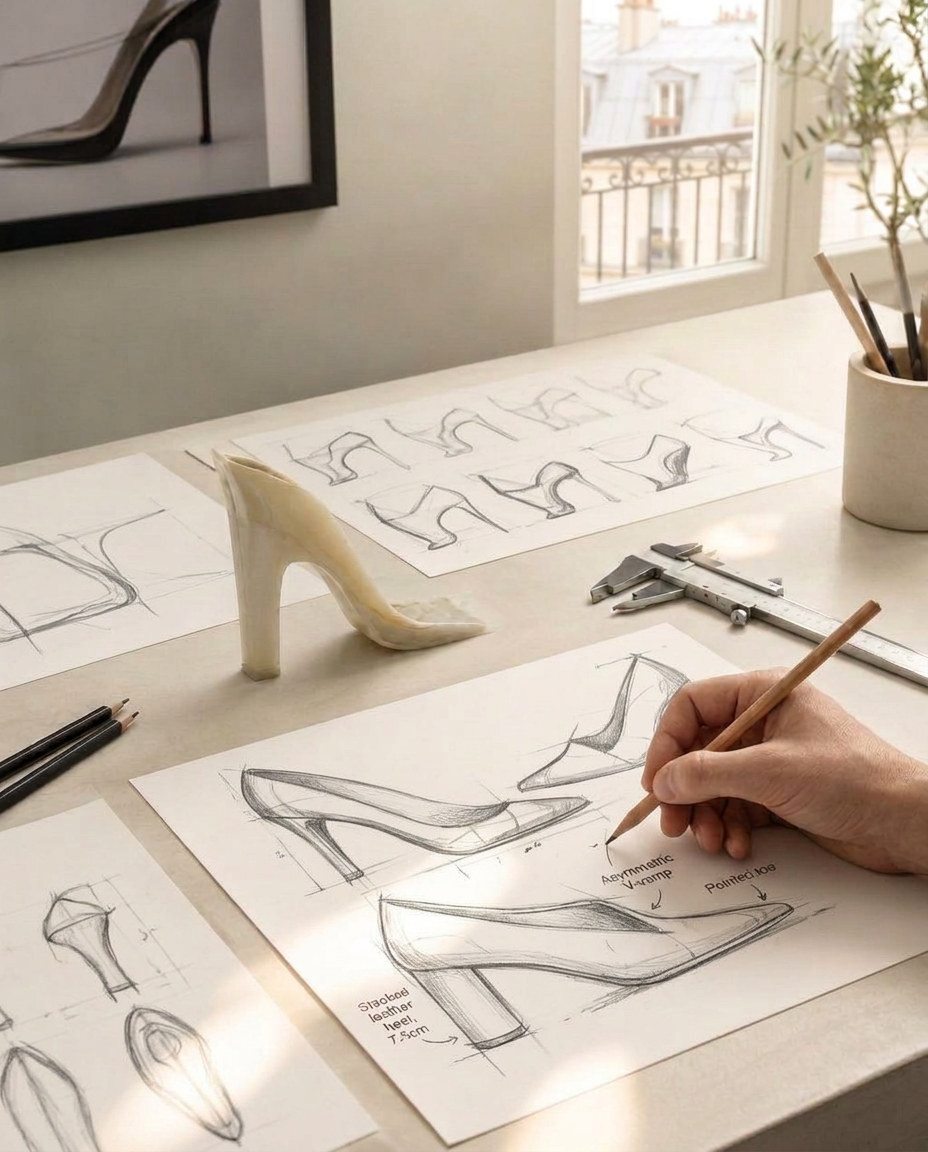 Sketches of the pointed loafer on a Paris studio desk beside a wooden last and leather swatch, with a Parisian window and small terrace behind
