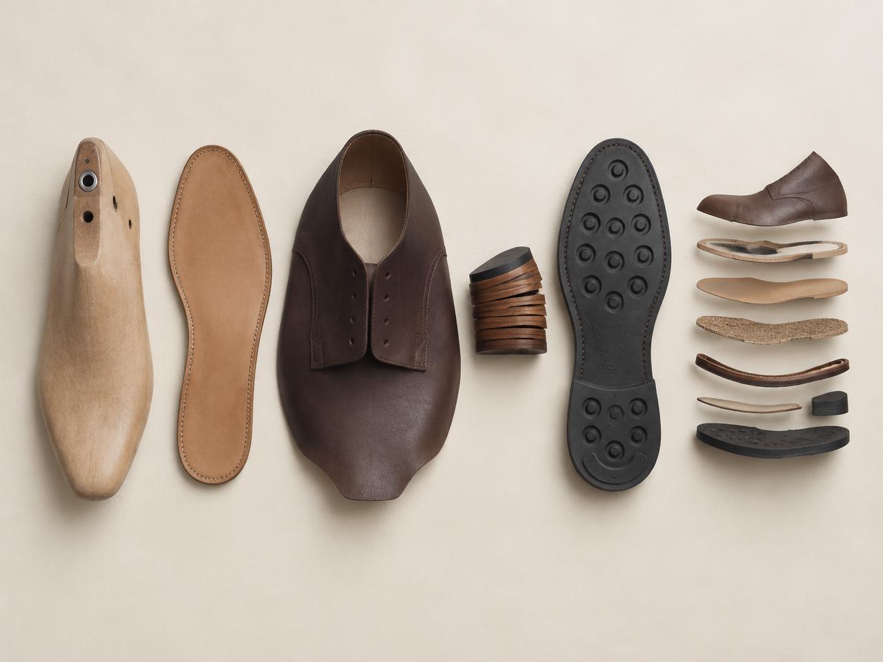 Shoe components laid out in a row: last, insole, upper, heel, and outsole