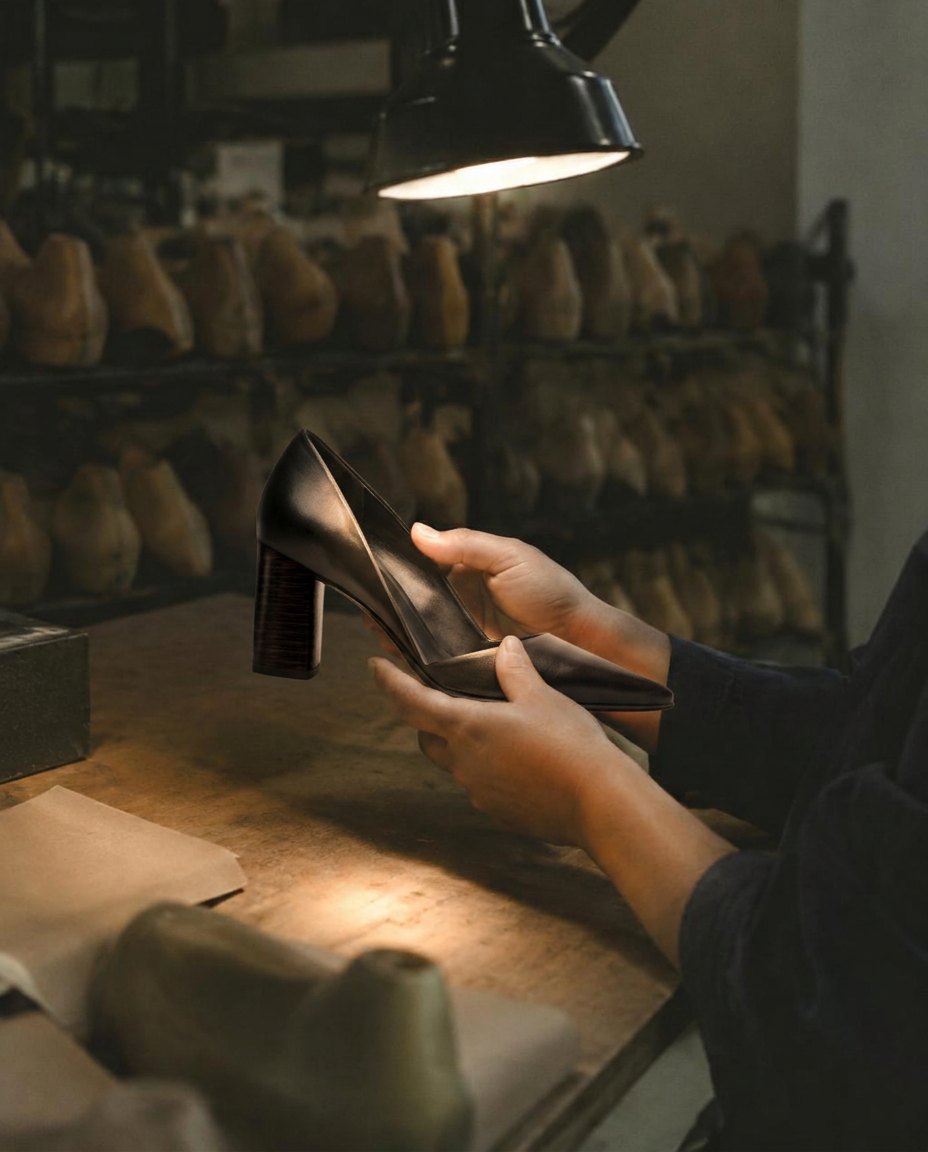 A maker inspecting a leather shoe in a Portuguese workshop
